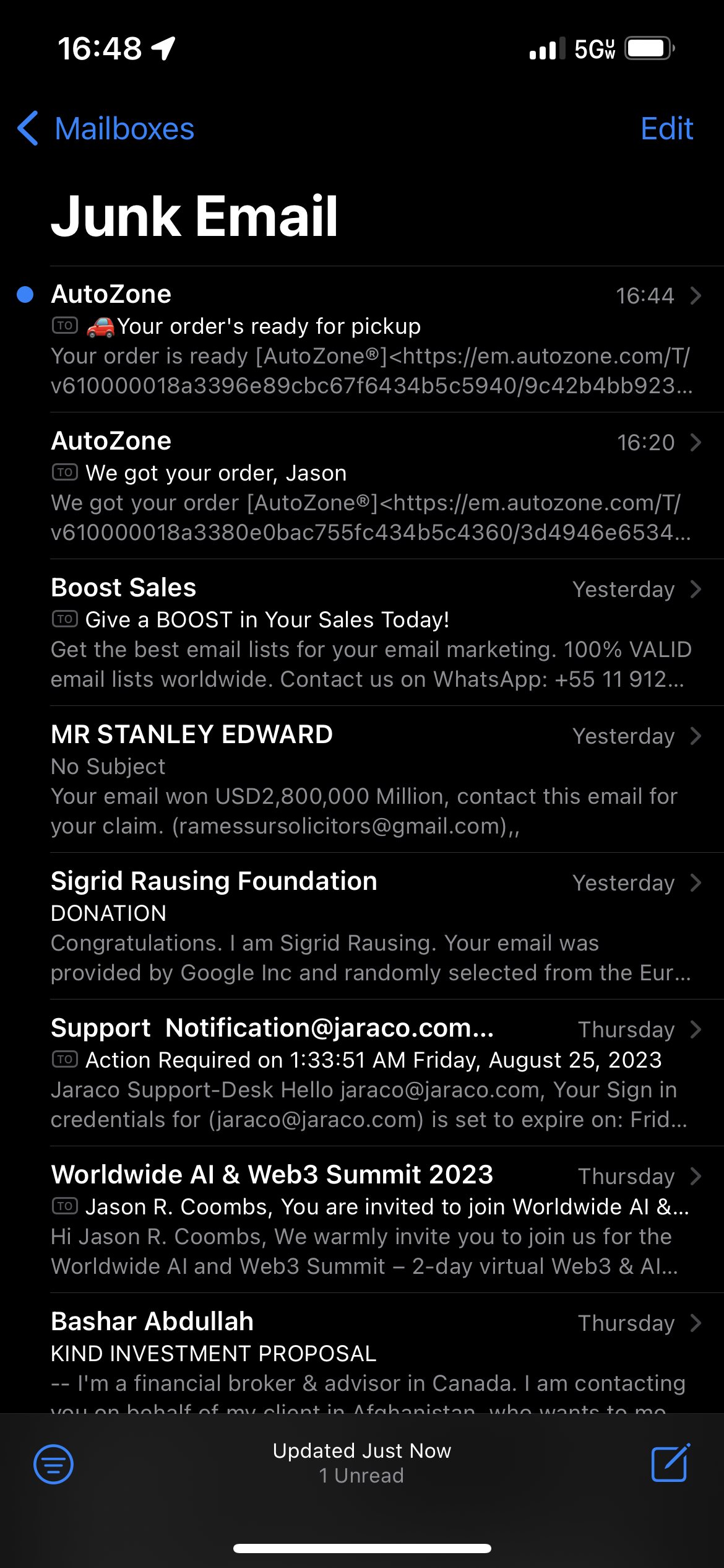 Autozone messages in Junk Email